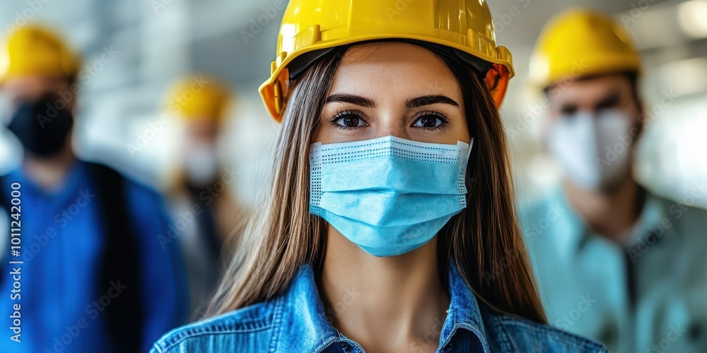 A young woman wearing a safety helmet and mask stands confidently in a construction site, emphasizing safety and teamwork. A young woman wearing a safety helmet and mask stands confidently in a construction site, emphasizing safety and teamwork.