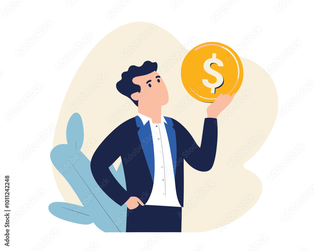 Obraz premium Businessman Contemplating Investment or Debt Repayment, Financial Choice Concept, Minimalist Vector Illustration