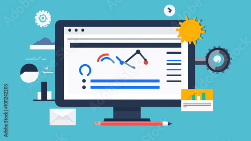 Flat Design SEO Vector Illustration Depicting Data Analytics, Website Optimization, and Digital Marketing Metrics on Computer Screen for Business and Technology Concepts