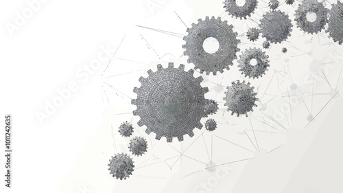 Abstract Grey Gears with Polygonal Connections and Dots on Minimalist Background Vector, Low Poly Technology Concept for Science and Industry