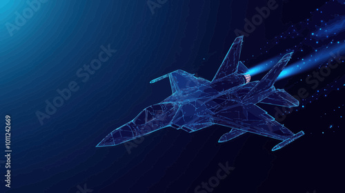 Abstract Low Poly Fighter Jet in Flight, Blue Polygonal Lines, Minimalist Vector Illustration, High-Speed Aviation Technology, Digital Art for Graphic Design and Technological Themes