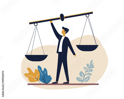 Confident Businessman Leader Holding Balance Scale Representing Ethics and Social Responsibility in Flat Minimalist Vector