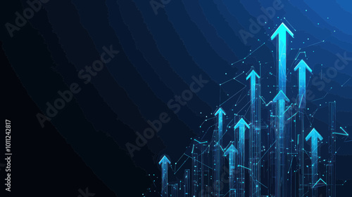 Abstract Growing Arrows Upward Graph on Technological Blue Wireframe Background for Business Growth and Investment Success