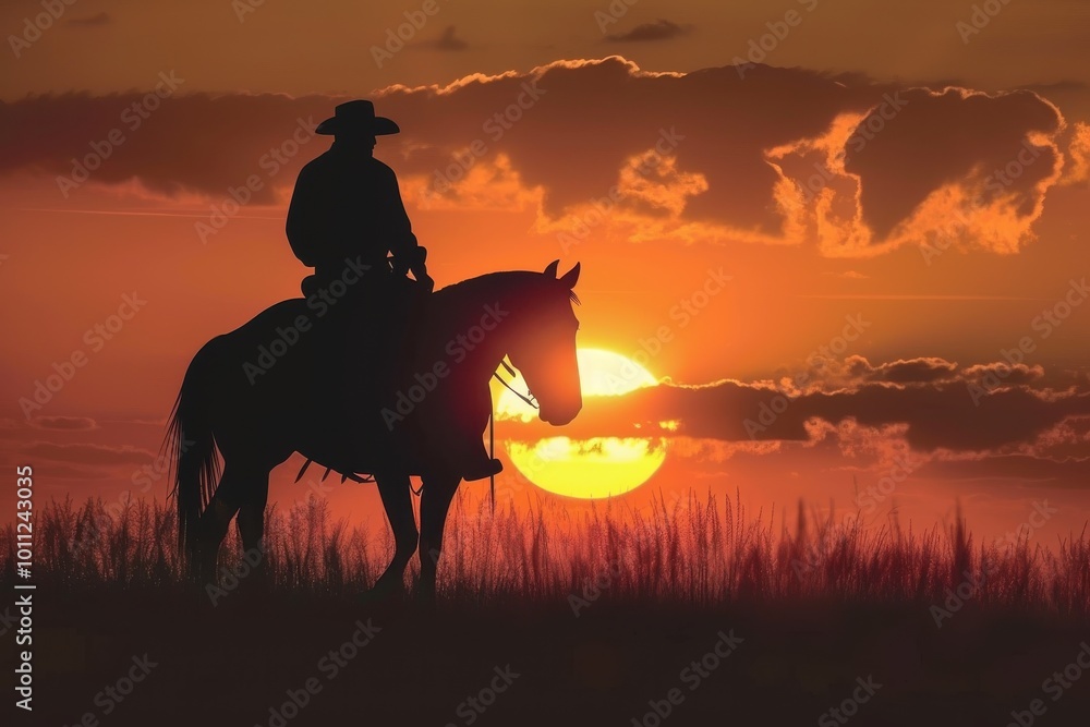 Silhouette of a Cowboy Riding a Horse at Sunset in the Open Plains, AI Generation Silhouette of a Cowboy Riding a Horse at Sunset in the Open Plains, AI Generation