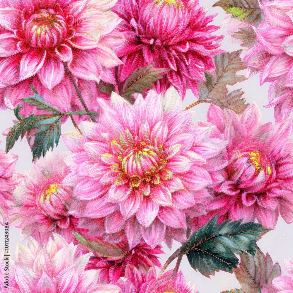 Seamless pattern with dahlias and their buds and leaves. Seamless pattern with dahlias and their buds and leaves.