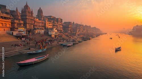 Sunset Over Varanasi Ghats with Boats on the Ganges River in a Sacred Setting