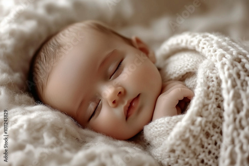 A close-up portrait of a newborn baby peacefully sleeping, wrapped snugly in a soft, knitted blanket