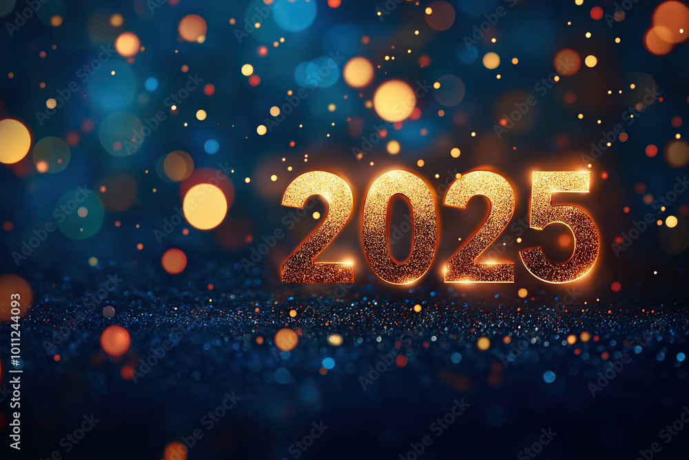 celebrate 2025 glittering gold numbers with dark blue bokeh effect, copyspace, glitter new years eve, photorealistic