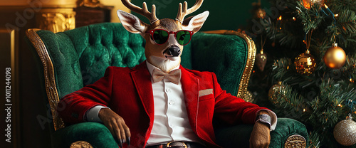 Funny deer in a red blazer and sunglasses sitting on a chair like a boss, with a New Year's-themed background featuring a Christmas tree and green color, and a banner for advertising design photo