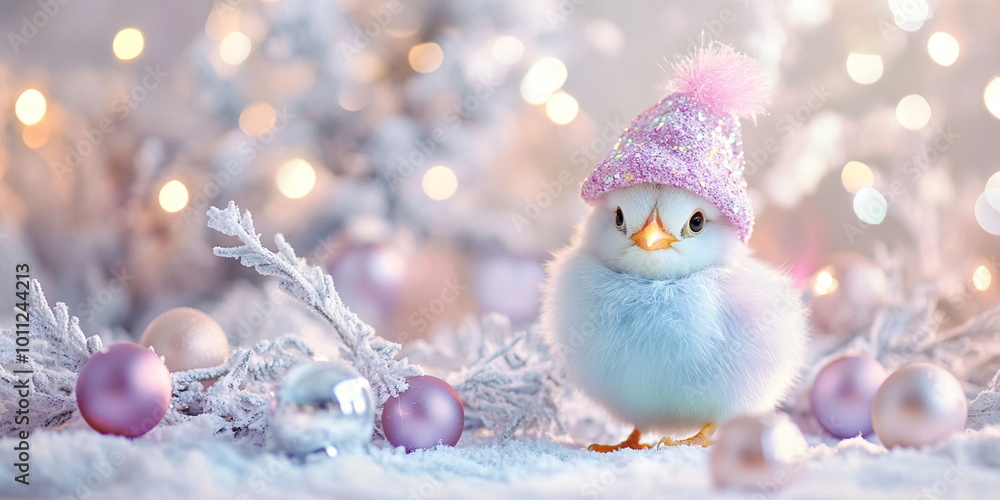 Obraz premium A cute chiken young bird in a christmas hat covered in colorful paint, sitting on the ground with splashes of color around it, against an Christmas