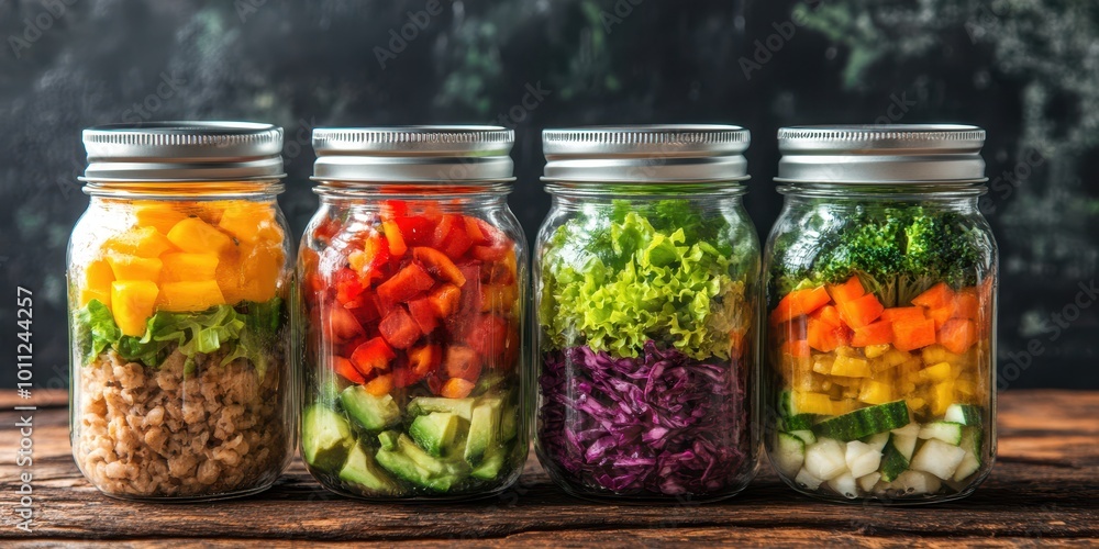 Colorful jars filled with fresh vegetables and grains, perfect for healthy meal prep and nutritious eating. Colorful jars filled with fresh vegetables and grains, perfect for healthy meal prep and nutritious eating.