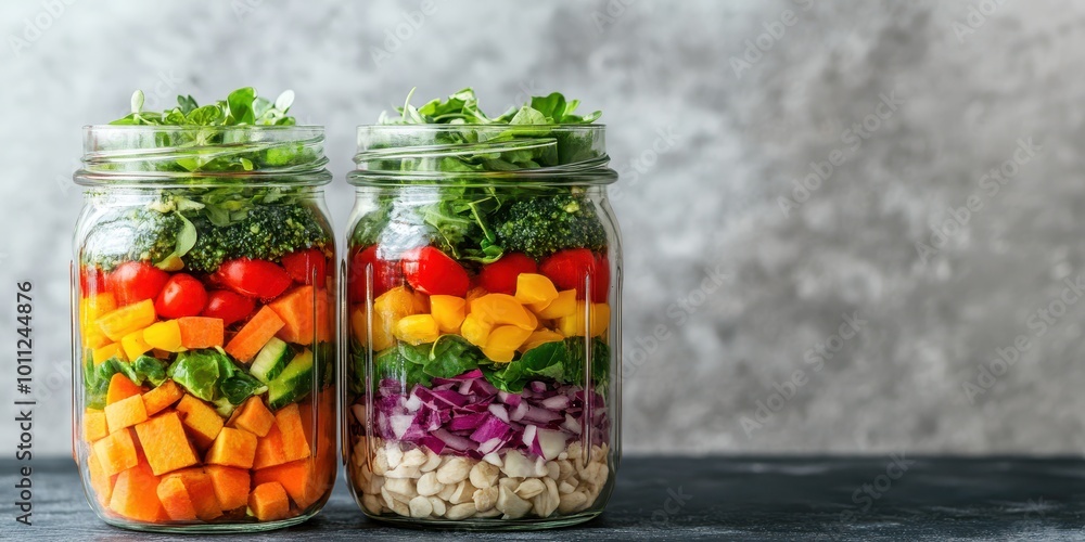 Colorful salad jars filled with fresh vegetables stacked neatly. Perfect for healthy meal prep and vibrant food photography. Colorful salad jars filled with fresh vegetables stacked neatly. Perfect for healthy meal prep and vibrant food photography.