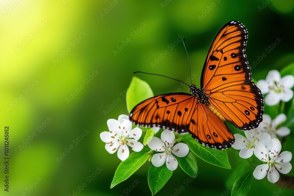 Naklejka premium Vibrant orange butterfly perched on white flowers with a soft green background.