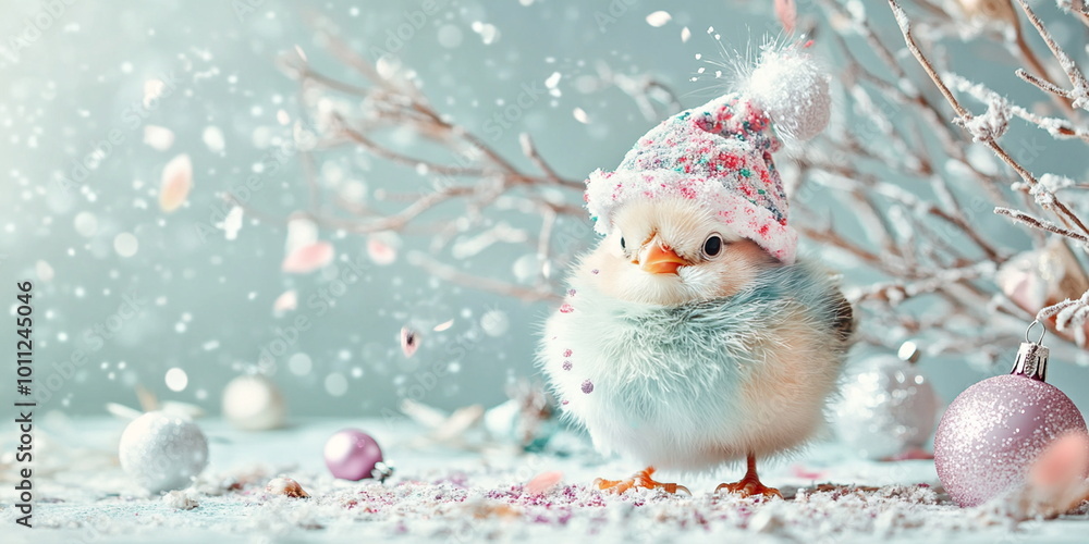 Obraz premium A cute chiken young bird in a christmas hat covered in colorful paint, sitting on the ground with splashes of color around it, against an Christmas