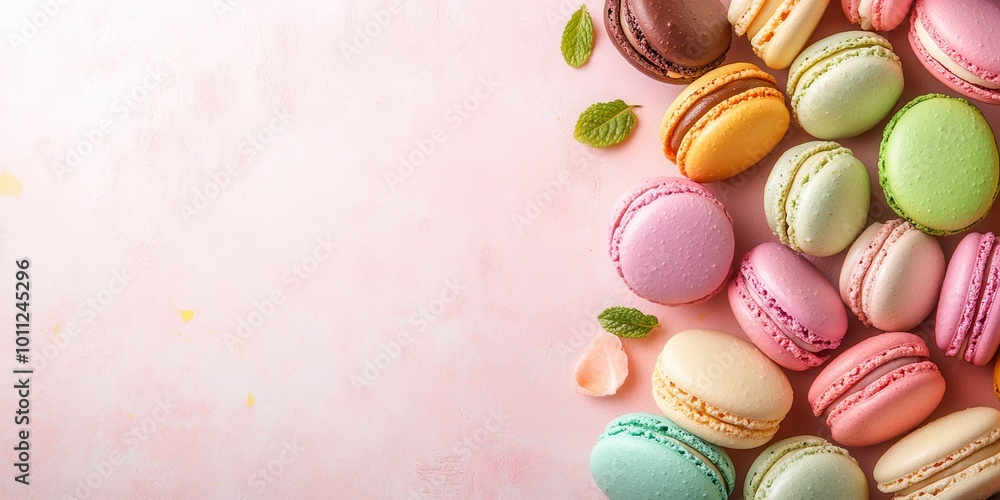 Delicious and colorful macarons arranged on a soft pink background, perfect for any dessert-themed project. Delicious and colorful macarons arranged on a soft pink background, perfect for any dessert-themed project.