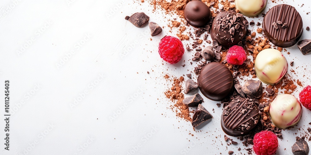 Delicious assortment of chocolate confections garnished with fresh raspberries and cocoa crumbs on a clean background. Delicious assortment of chocolate confections garnished with fresh raspberries and cocoa crumbs on a clean background.