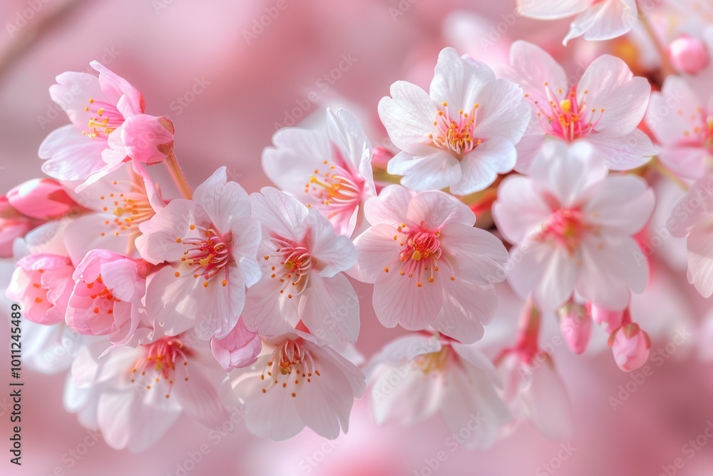A close-up image focusing on individual cherry blossom flowers in full bloom, room for text A close-up image focusing on individual cherry blossom flowers in full bloom, room for text