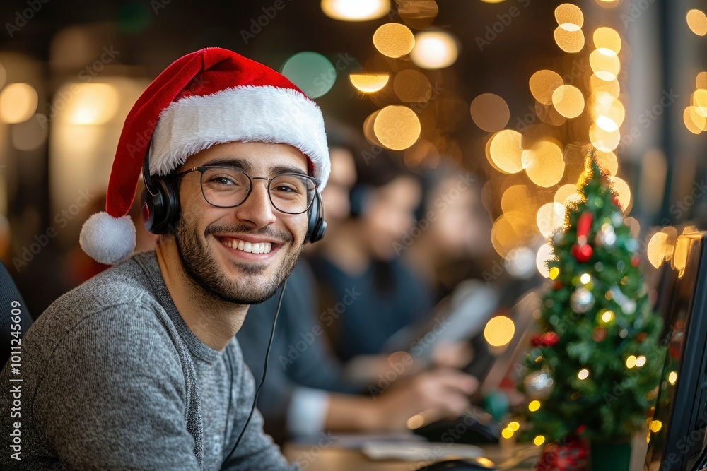 Smiling Man Wearing Santa Hat and Headphones in Office Setting with Christmas Tree Smiling Man Wearing Santa Hat and Headphones in Office Setting with Christmas Tree