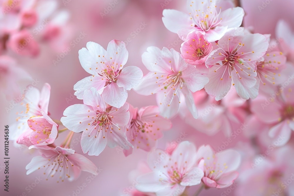 Fototapeta premium A close-up image focusing on individual cherry blossom flowers in full bloom, room for text