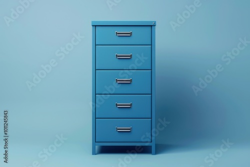 Blue five-drawer storage cabinet against a light blue background in a minimalist setting