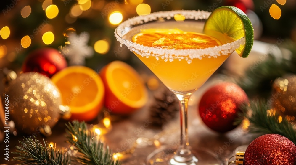 Festive martini rimmed with sugar and topped with lime and orange zest, served on a festively decorated table. Festive martini rimmed with sugar and topped with lime and orange zest, served on a festively decorated table.