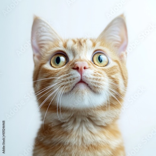 Funny Ginger Cat with Shocked Expression and Wide Eyes on White Background