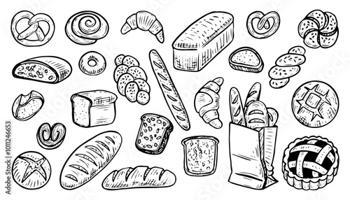 Bread set hand drawn doodle. Baked bun. Bakery. Loaf. Baguette, croissant, toast. Wheat dough pie. Sweet food. Homemade pastry. Sugar biscuit dessert. Vector sketch line art illustration.