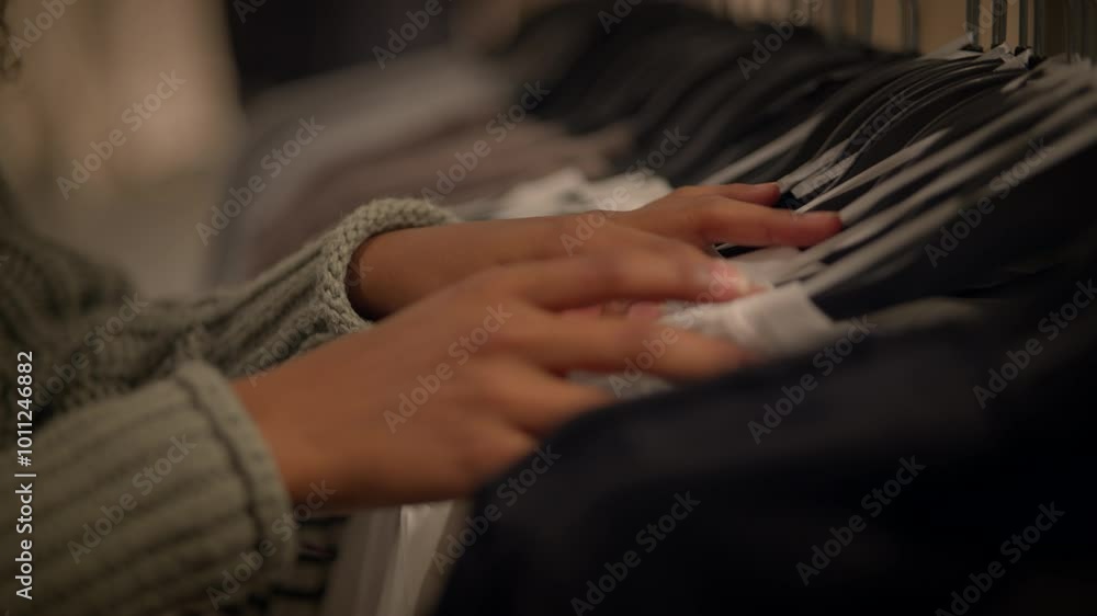 A close up of textured hands gently browsing through a clothing rack bathed in soft light