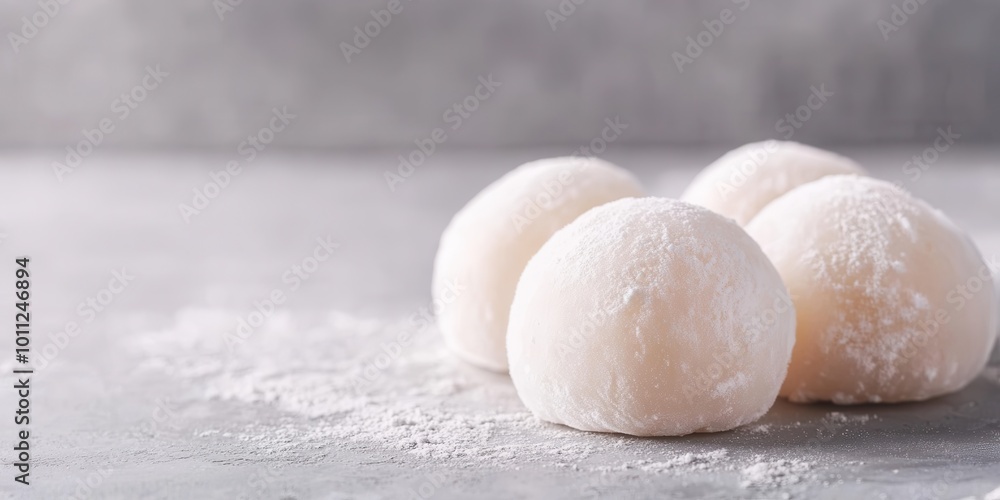 Delicious mochi balls dusted with powdered sugar, perfect for desserts and cultural cuisine photography. Delicious mochi balls dusted with powdered sugar, perfect for desserts and cultural cuisine photography.
