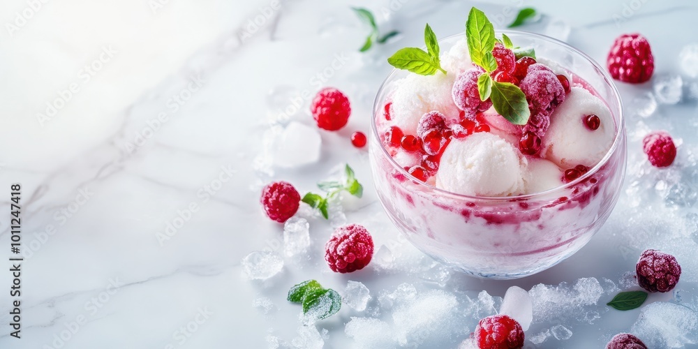 Delicious raspberry sorbet served in a glass bowl, surrounded by fresh raspberries and ice, perfect for a refreshing dessert. Delicious raspberry sorbet served in a glass bowl, surrounded by fresh raspberries and ice, perfect for a refreshing dessert.