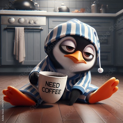a sleepy funny penguin in pajamas is lying stretched out on the floor with his body on a coffee cup, on the cup is the following text: 
