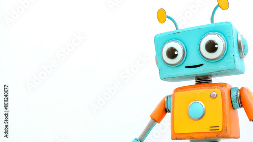 Cute smiling blue and orange robot standing on white background