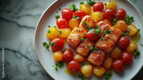 Colorful medley of grilled fish and vibrant cherry tomatoes garnished with fresh herbs on a white plate