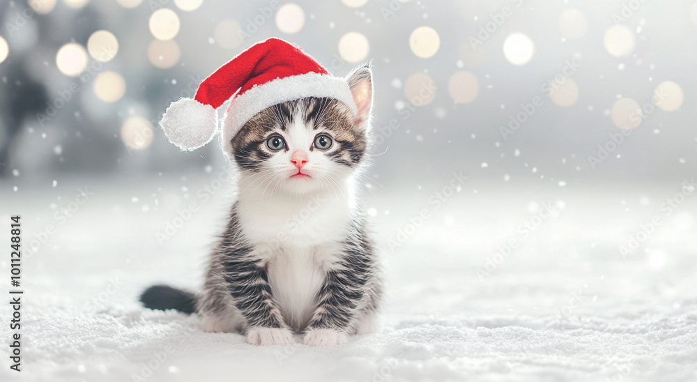 A cute fluffy red white grey calico kitten in a christmas hat sitting on the ground against an Christmas tree with silver decor A cute fluffy red white grey calico kitten in a christmas hat sitting on the ground against an Christmas tree with silver decor