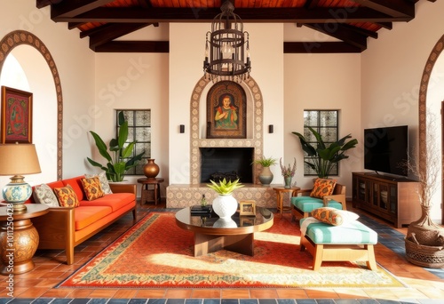 Modern Moroccan Oasis A living room with a modern Moroccan desig photo