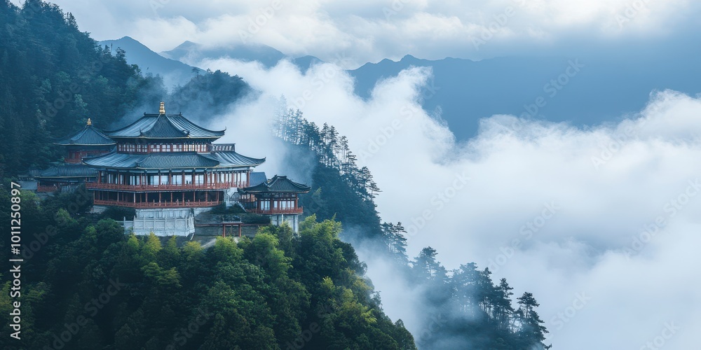 Serene mountain temple surrounded by clouds, showcasing tranquil architecture and breathtaking nature. Serene mountain temple surrounded by clouds, showcasing tranquil architecture and breathtaking nature.