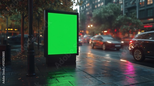 A vertical green billboard model . The billboard is blank, standing out with an eye-catching and unique design. The setting should depict a busy urban environment. photo