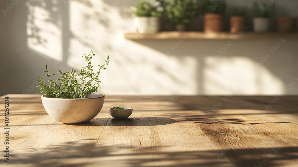 Minimalist Kitchen Still Life with Fresh Herbs on Wooden Table Minimalist Kitchen Still Life with Fresh Herbs on Wooden Table