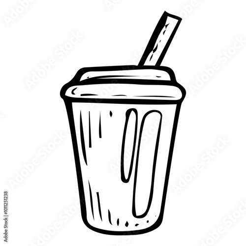 Cold coffee drink hand drawn doodle. Cocktail in plastic cup with straw. Cafe order. Sweet sugar water. Chilled street drink. Fast food. Vector sketch line art illustration.