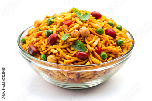 Bombay mix chanachur on glass bowl, isolated on white background