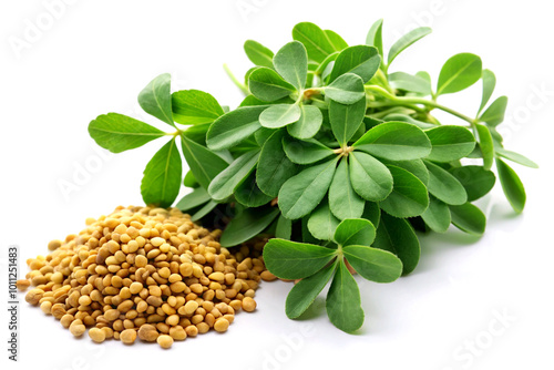 Fresh fenugreek leaves with seeds, isolated on white background