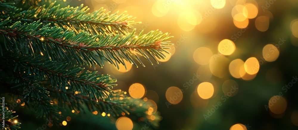Close-up of a pine branch with bokeh lights in the background. Close-up of a pine branch with bokeh lights in the background.