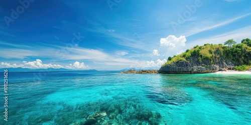 Stunning tropical beach with clear turquoise water, lush greenery, and a bright blue sky, perfect for relaxation and vacation.