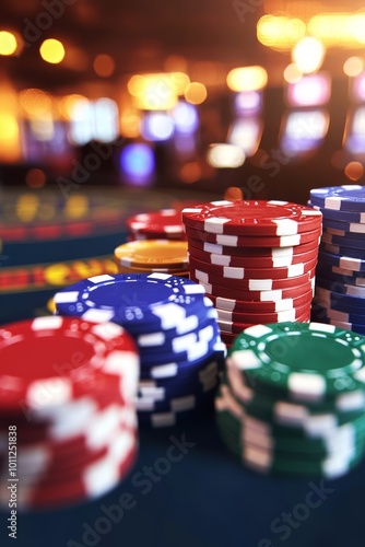 Stacks of Poker Chips on a Casino Table with a Blurry Background, Gambling, Casino Games