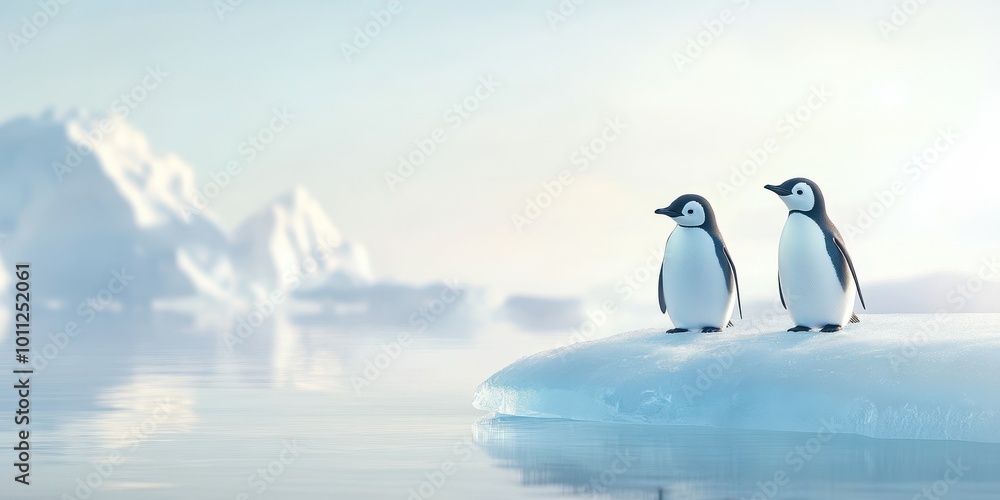 Obraz premium Two charming penguins stand on a serene iceberg, surrounded by the tranquil beauty of icy landscapes and calm waters.