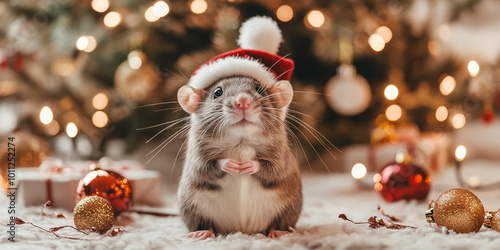  A cute domestic rat/ hamster/mouse in a christmas hat, sitting on the ground, against an Christmas tree