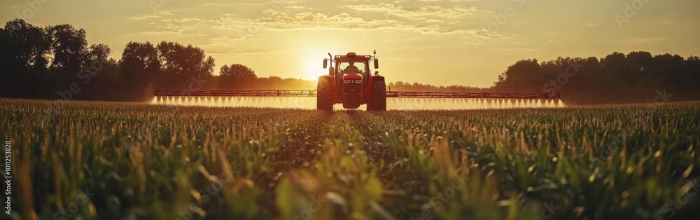 Tractor Spraying Pesticides on Cornfield in Spring Agricultural Scene Tractor Spraying Pesticides on Cornfield in Spring Agricultural Scene