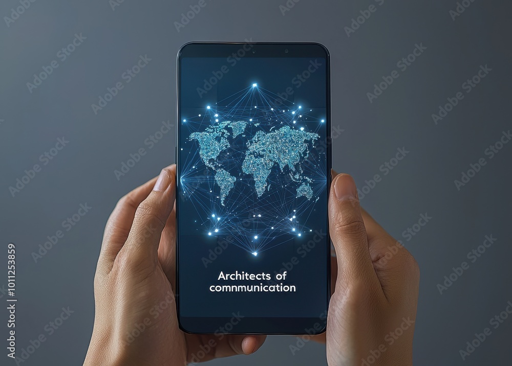 Smartphone displaying global network connections concept with a glowing world map representing communication and connectivity Smartphone displaying global network connections concept with a glowing world map representing communication and connectivity