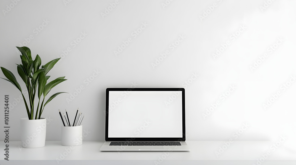 Minimalist Workspace with Laptop and Plant Minimalist Workspace with Laptop and Plant