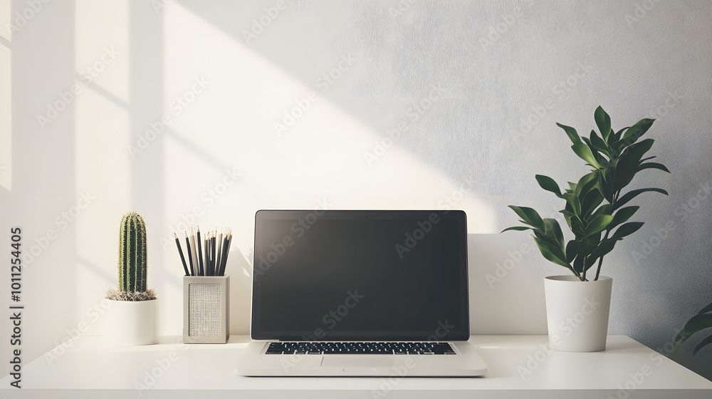 Minimalist Workspace with Laptop and Plants Minimalist Workspace with Laptop and Plants